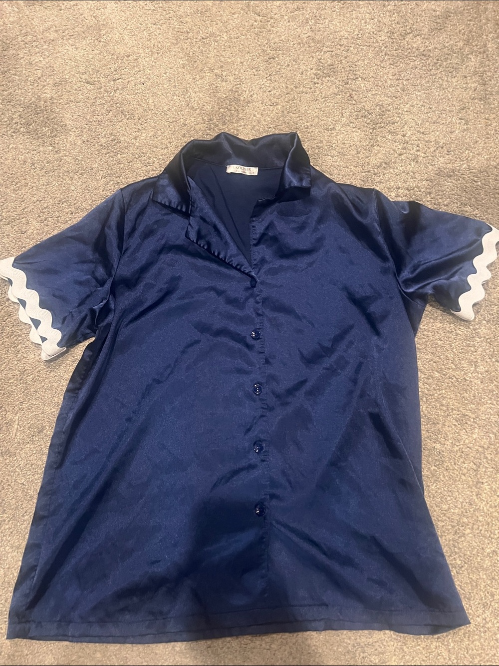 Navy Satin Button-Front Top with White Scalloped Sleeve Accent